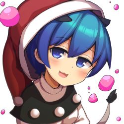 Rule 34 | 1girl, animal ears, blob, blue eyes, blue hair, capelet, commentary, doremy sweet, hat, legacy of lunatic kingdom, looking at viewer, nightcap, open mouth, saisoku no yukkuri, simple background, smile, solo, tail, touhou, white background