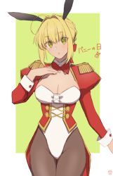 Rule 34 | 1girl, adapted costume, ahoge, animal ears, blonde hair, braid, breasts, brown pantyhose, cleavage, cleavage cutout, clothing cutout, coattails, corset, epaulettes, fake animal ears, fate/extra, fate (series), french braid, green eyes, hair bun, hair intakes, hair ribbon, highleg, highleg leotard, highres, juliet sleeves, kankitsurui (house of citrus), large breasts, leotard, long hair, long sleeves, looking at viewer, nero claudius (fate), nero claudius (fate) (all), open mouth, pantyhose, playboy bunny, puffy sleeves, rabbit ears, red ribbon, red sleeves, ribbon, single hair bun, solo, thighs, underbust, white leotard