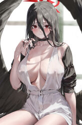 Rule 34 | 1girl, absurdres, alternate costume, arm support, black choker, black hair, black sleeves, black wings, blue archive, blurry, blurry background, blush, breasts, center opening, choker, closed mouth, commentary, detached sleeves, feathered wings, fingernails, furrowed brow, hair between eyes, halo, hand up, hasumi (blue archive), highres, large breasts, large wings, long fingernails, long hair, looking at viewer, low wings, mole, mole under eye, playing with own hair, red eyes, red halo, renge (730), shirt, shorts, simple background, solo, sweatdrop, symbol-only commentary, very long hair, wavy mouth, white shirt, white shorts, wings