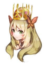 Rule 34 | 1girl, blonde hair, butterfly hair ornament, celine (fire emblem), closed mouth, crown, eyelashes, fire emblem, fire emblem engage, flower, green eyes, hair flower, hair ornament, head, highres, long hair, looking at viewer, miran (olivine 20), nintendo, smile, solo, upper body, white background