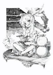 Rule 34 | 1girl, :d, absurdres, bad id, bad pixiv id, bell, bottle, bow, cup, fangs, female focus, frills, gourd, greyscale, hair bow, highres, horns, ibuki suika, indian style, crossed legs, long hair, monochrome, open mouth, oshake, sakazuki, sitting, sketch, skirt, sleeveless, smile, solo, teeth, touhou, traditional media, translation request
