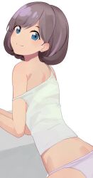 Rule 34 | 1girl, bare shoulders, blue eyes, brown hair, camisole, closed mouth, commentary request, highres, hiroki (yyqw7151), looking at viewer, love live!, love live! superstar!!, off shoulder, panties, pink panties, short hair, simple background, smile, solo, tang keke, underwear, white background, white camisole