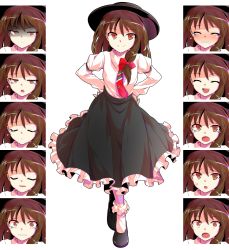 Rule 34 | 1girl, :d, :o, ^ ^, alphes (style), armlet, asymmetrical hair, black footwear, black skirt, blush, bobby socks, bow, brown hair, clenched teeth, closed eyes, collared shirt, crying, crying with eyes open, dairi, dress shirt, expression chart, expressionless, expressions, eyebrows, fedora, flats, frilled skirt, frills, full-face blush, full body, gloom (expression), hair bow, half-closed eyes, hands on own hips, happy, hat, long hair, long skirt, long sleeves, looking at viewer, multiple views, necktie, open mouth, parody, parted lips, puffy long sleeves, puffy sleeves, red bow, red necktie, sad, scared, shaded face, shirt, shoes, skirt, smile, socks, standing, style parody, surprised, sweatdrop, tachi-e, tareme, teardrop, tears, teeth, touhou, transparent background, usami renko, white legwear, white shirt, wide-eyed