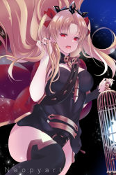 Rule 34 | 1girl, absurdres, artist name, black background, black dress, black nails, black thighhighs, blonde hair, blue background, breasts, cage, cape, dress, earrings, ereshkigal (fate), fate/grand order, fate (series), gold trim, hair ribbon, hand in own hair, highres, holding, holding cage, hoop earrings, infinity symbol, jewelry, long hair, looking at viewer, medium breasts, multicolored background, nail polish, naopy, open mouth, parted bangs, red cape, red eyes, red ribbon, ribbon, single sleeve, single thighhigh, skull, solo, spine, thighhighs, tiara, two side up