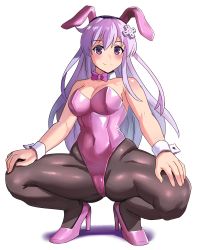 Rule 34 | 1girl, absurdres, animal ears, bare shoulders, blush, bow, bowtie, breasts, cleavage, d-pad, d-pad hair ornament, fake animal ears, hair ornament, hairband, high heels, highres, large breasts, leotard, long hair, looking at viewer, nepgear, neptune (series), pantyhose, playboy bunny, purple eyes, purple hair, rabbit ears, sleeveless, smle, solo, squatting, thick thighs, thighs, white background, wrist cuffs, ytrall