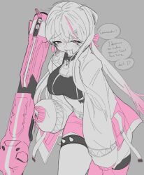 Rule 34 | 1girl, asymmetrical legwear, blush, breasts, cleavage, collar, exspiravitbag, facial tattoo, gloves, goddess of victory: nikke, gradient hair, hair between eyes, hair ornament, hair ribbon, hairclip, heart, heart tattoo, holding, holding weapon, jackal (nikke), jacket, large breasts, long hair, looking at viewer, low twintails, mismatched legwear, multicolored clothes, multicolored hair, multicolored jacket, pink eyes, pink gloves, pink hair, pink ribbon, pink shorts, pink thighhighs, ribbon, rocket launcher, shorts, side ponytail, sidelocks, single thighhigh, solo, spiked collar, spiked legwear, spikes, sports bra, stomach tattoo, streaked hair, tattoo, thighhighs, tongue, tongue out, twintails, two-tone gloves, weapon
