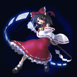 Rule 34 | 1girl, akoto 0000, bow, brown eyes, brown hair, detached sleeves, dress, female focus, floating, floating object, full body, gohei, hair bow, hakurei reimu, long sleeves, looking at viewer, mary janes, ofuda, red bow, red dress, ribbon-trimmed sleeves, ribbon trim, shoes, solo, touhou