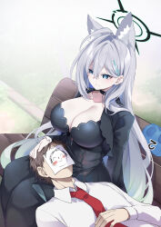 Rule 34 | 1boy, 2girls, animal ears, doodle sensei (blue archive), black choker, black dress, blue archive, blue eyes, breasts, choker, cleavage, commentary request, dark halo, dress, extra ears, grey hair, hair between eyes, hair ornament, halo, hand on another&#039;s head, headpat, highres, kanmuri (kannmuri0227), lap pillow, large breasts, long hair, long sleeves, lying, lying on lap, multiple girls, necktie, red necktie, school uniform, sensei (blue archive), shiroko (blue archive), shiroko terror (blue archive), sitting, sleeping, sleeping on person, smile, wolf ears