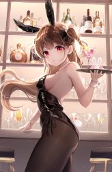 Rule 34 | 1girl, absurdres, alcohol, animal ears, bar (place), black bow, black bowtie, black leotard, bottle, bow, bowtie, brown hair, brown pantyhose, cup, detached collar, drinking glass, fake animal ears, highres, hyeya, leotard, liquor, long hair, medium hair, one side up, original, pantyhose, playboy bunny, rabbit ears, rabbit tail, red eyes, rum, side-tie leotard, solo, strapless, strapless leotard, tail, whiskey, wine glass, wrist cuffs