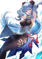 Rule 34 | 1girl, ahoge, armpits, arms up, bare shoulders, black leotard, black pantyhose, blue hair, breasts, breasts apart, detached sleeves, floating hair, ganyu (genshin impact), genshin impact, goat horns, gold trim, highres, horns, leotard, long hair, looking at viewer, open mouth, pantyhose, pelvic curtain, purple eyes, rui rubellent, shards, sidelocks, skin tight, solo, tassel, thighs, vision (genshin impact), white background