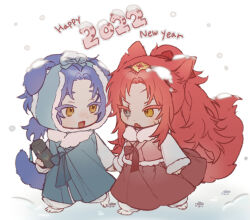 Rule 34 | 1boy, 1girl, 2022, animal ears, blue hair, chesed (project moon), dog boy, dog ears, fur collar, gebura (project moon), grey eyes, hanbok, happy new year, heterochromia, high ponytail, holding hands, jacket, korean clothes, library of ruina, long hair, long sleeves, low ponytail, munjiduck, new year, open mouth, pink jacket, project moon, scar, scar across eye, simple background, smile, tail, very long hair, white background, wolf ears, wolf tail, yellow eyes