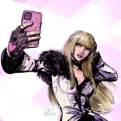 1girl amarcus88lg blonde_hair breasts cellphone cleavage dress emilie_de_rochefort fingerless_gloves gloves lips long_hair long_sleeves phone selfie tekken tekken_8