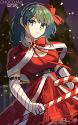 Rule 34 | 1girl, alternate costume, artist name, belt, blue eyes, blue hair, blush, bow, breasts, byleth (female) (fire emblem), byleth (fire emblem), candy, candy cane, capelet, chocojax, christmas, cleavage, cleavage cutout, clothing cutout, confetti, cowboy shot, dress, earrings, elbow gloves, fire emblem, fire emblem: three houses, food, gloves, headband, highres, holding, holding candy, holding candy cane, holding food, jewelry, looking at viewer, medium breasts, medium hair, nintendo, outdoors, patreon logo, red dress, solo, tree, twitch logo, twitter logo