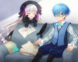 Rule 34 | 10s, 1boy, blue eyes, blue hair, bow, bowtie, braid, closed eyes, fate/extra, fate/extra ccc, fate/grand order, fate (series), glasses, hans christian andersen (fate), long hair, naomi (fantasia), nursery rhyme (fate), open mouth, paper, quiver, sitting, twin braids, vest, white hair
