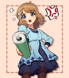 Rule 34 | 1girl, puff of air, anger vein, black pantyhose, blue dress, blue eyes, blush, border, brown background, brown border, brown hair, commentary, cowboy shot, dotted line, dress, flower, foreshortening, frown, fume, hair flower, hair ornament, hand on own hip, highres, holding, holding magazine, idolmaster, idolmaster million live!, kamille (vcx68), long sleeves, looking at viewer, magazine (object), medium hair, open mouth, outside border, pantyhose, pointing, pointing at viewer, redrawn, shadow, short dress, solo, spoken anger vein, standing, suou momoko, thighs, v-shaped eyebrows, wavy hair
