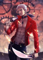 Rule 34 | 10s, 1boy, abs, archer (fate), cowboy shot, dark-skinned male, dark skin, egmer, fate/extra, fate/extra ccc, fate/stay night, fate (series), gears, highres, holding, holding sword, holding weapon, jacket, kanshou &amp; bakuya (fate), male focus, official alternate costume, red jacket, solo, sword, unlimited blade works (fate), weapon, white hair