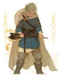 Rule 34 | 1girl, 5altybitter5, armor, axe, blonde hair, blue shirt, boots, cape, chainmail, closed mouth, fighting stance, grey cape, grey pants, holding, holding axe, holding weapon, original, pants, ponytail, shield, shield on back, shirt, solo, viking, weapon