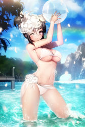 Rule 34 | 1girl, absurdres, arms up, bad id, bad pixiv id, ball, bare shoulders, beach, beachball, bikini, blush, breasts, brown eyes, brown hair, cleavage, day, devil maker, flower, hair flower, hair ornament, highres, large breasts, lens flare, nature, navel, one eye closed, outdoors, parted lips, petals, pier, rheez, rock, sjofn (devil maker), sky, smile, solo, splashing, strap gap, sunlight, swimsuit, underboob, water, wet, white bikini