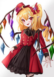 Rule 34 | 1girl, :d, absurdres, ahoge, alternate costume, alternate headwear, bad id, bad pixiv id, black skirt, blonde hair, blush, commentary, cowboy shot, cross, cross earrings, diuda, earrings, fangs, fingernails, flandre scarlet, flower, gradient background, grey background, hair between eyes, hair ornament, hair ribbon, hat, hat flower, heart, heart hair ornament, highres, hoop earrings, jewelry, layered skirt, leg ribbon, long sleeves, looking at viewer, mini hat, mini top hat, nail polish, one side up, open hand, open mouth, pink flower, pink rose, pointy ears, red eyes, red hat, red nails, red skirt, ribbon, rose, short hair, skirt, skirt hold, smile, solo, standing, symbol-only commentary, top hat, touhou, tunic, white background, wings