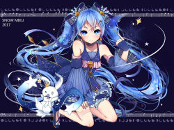 Rule 34 | 1girl, 2017, absurdres, aquarius (constellation), aries (constellation), blue eyes, blue hair, cancer (constellation), capricorn (constellation), character name, constellation print, earrings, fingerless gloves, fleur-de-lis, gemini (constellation), gloves, hair ornament, hairclip, hatsune miku, highres, jewelry, kneeling, leo (constellation), libra (constellation), long hair, looking at viewer, one eye closed, pisces (constellation), rabbit, sagittarius (constellation), scorpius (constellation), smile, snowflake hair ornament, star (sky), twintails, very long hair, virgo (constellation), vocaloid, wand, weizhi, yuki miku, yukine (vocaloid)