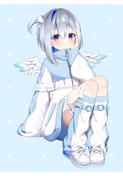 Rule 34 | 1girl, alternate costume, amane kanata, angel, angel wings, blue hair, blue jacket, grey hair, hand on own face, hololive, jacket, looking at viewer, medium hair, momoshiki tsubaki, multicolored clothes, multicolored jacket, official art, purple eyes, shoes, smile, solo, thigh strap, two-tone jacket, virtual youtuber, white footwear, white jacket, wings