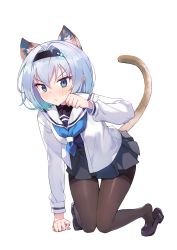 Rule 34 | 1girl, :&lt;, all fours, animal ears, black footwear, black hairband, black shirt, black skirt, blue eyes, blue neckwear, blush, brown pantyhose, cat ears, cat girl, cat tail, closed mouth, frown, full body, hair intakes, hair ornament, hairband, highres, jehyun, kemonomimi mode, loafers, long sleeves, looking at viewer, miniskirt, open clothes, open shirt, pantyhose, paw pose, pleated skirt, ryuuou no oshigoto!, sailor collar, school uniform, shirt, shoes, short hair, sidelocks, silver hair, simple background, skirt, snowflake hair ornament, solo, sora ginko, tail, thigh gap, undershirt, v-shaped eyebrows, white background, white sailor collar, white shirt