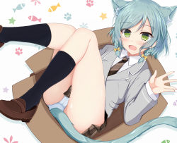 Rule 34 | 1girl, :d, animal ear fluff, animal ears, aqua hair, bang dream!, black socks, blazer, blush, bow, box, braid, brown footwear, brown necktie, brown skirt, cardboard box, cat ears, cat girl, cat tail, collared shirt, commentary request, diagonal-striped clothes, diagonal-striped necktie, diagonal-striped neckwear, fang, green eyes, grey background, grey jacket, hair bow, hand up, hikawa hina, in box, in container, jacket, kneehighs, knees up, loafers, looking at viewer, necktie, open mouth, panties, plaid, plaid skirt, pleated skirt, shirt, shoes, side braids, simple background, skirt, smile, socks, solo, sonosakiburi, star (symbol), striped clothes, striped necktie, striped neckwear, tail, twin braids, underwear, white panties, white shirt, yellow bow