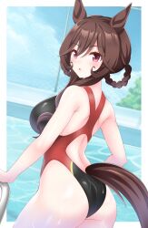 Rule 34 | 1girl, animal ears, ass, blue sky, brown hair, cloud, competition swimsuit, cowboy shot, dutch angle, from behind, gentildonna (umamusume), gurukorian, hair rings, highleg, highleg swimsuit, highres, horse ears, horse girl, horse tail, long hair, looking at viewer, looking back, one-piece swimsuit, pool, pool ladder, poolside, red eyes, sky, solo, swimsuit, tail, two-tone swimsuit, umamusume, water