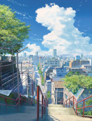 Rule 34 | 10s, blue sky, building, city, cityscape, cloud, cloudy sky, day, fence, highres, in-universe location, kimi no na wa., landscape, no humans, official art, outdoors, plant, power lines, road, scenery, shadow, shinjuku (tokyo), shinkai makoto, sky, stairs, tokyo (city), tree, window