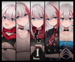 Rule 34 | 1girl, admiral graf spee (a novel anniversary) (azur lane), admiral graf spee (azur lane), admiral graf spee (daily peaceful life) (azur lane), admiral graf spee (girl&#039;s sunday) (azur lane), admiral graf spee (world&#039;s cutest) (azur lane), admiral graf spee (girl&#039;s sunday) (azur lane), admiral graf spee (peaceful daily life) (azur lane), admiral graf spee (world&#039;s cutest) (azur lane), azur lane, blue eyes, blush, breasts, buttons, choker, cleavage, closed mouth, collarbone, collared shirt, commentary request, cross, double-breasted, earrings, hair between eyes, iron cross, jewelry, looking at viewer, medium breasts, multicolored hair, multiple views, necktie, open mouth, osisio, red neckwear, scarf, shirt, short hair, sidelocks, smile, streaked hair, sweat, underboob, upper body, white hair