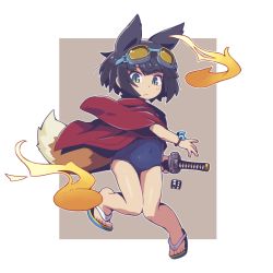 Rule 34 | 1girl, animal ears, black hair, blue footwear, blue one-piece swimsuit, blush, brown background, closed mouth, covered navel, fox ears, fox girl, fox tail, full body, goggles, goggles on head, green eyes, hitodama, holding, holding sheath, katana, looking at viewer, mawaru (mawaru), one-piece swimsuit, original, sandals, sheath, sheathed, short hair, short sleeves, solo, swimsuit, sword, tail, two-tone background, weapon, white background, wide sleeves
