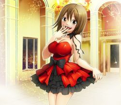 Rule 34 | 1girl, bare shoulders, breasts, cleavage, dress, elie, frilled dress, frills, large breasts, looking at viewer, official art, rave, red dress, smile
