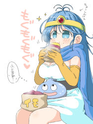 Rule 34 | 1girl, ahoge, bag, blue eyes, blue hair, blush, breasts, cape, capelet, circlet, cleavage, cloak, commentary, dragon quest, dress, eating, elbow gloves, food, food on face, gloves, heart, highres, large breasts, long hair, looking up, naitou kouse, on lap, open mouth, potato, sage (dq3), sitting, slime (dragon quest), smile, sparkle, sweat, translated, white background, white dress, yellow gloves