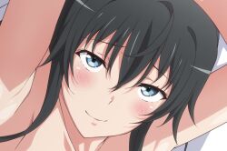 Rule 34 | 1girl, arms up, black hair, blue eyes, blush, closed mouth, commentary request, completely nude, long hair, looking at viewer, nude, paid reward available, portrait, shou937, sidelocks, smile, solo, yahari ore no seishun lovecome wa machigatteiru., yukinoshita yukino