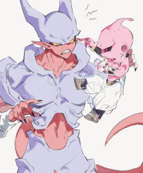 Rule 34 | 2boys, akame (chokydaum), belt, black sclera, colored sclera, colored skin, dragon ball, dragonball z, fingernails, grabbing another&#039;s ear, hand on another&#039;s ear, highres, janemba, kid buu, looking at another, majin buu, midriff, multiple boys, pink skin, pointy ears, red skin, sharp fingernails, simple background, tail, teeth, yellow sclera