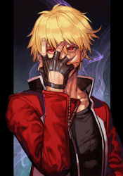 Rule 34 | 1boy, black gloves, black shirt, fatal fury, fingerless gloves, garou: mark of the wolves, gloves, hand up, hungry clicker, jacket, long sleeves, looking at viewer, male focus, red eyes, red jacket, rock howard, shirt, snk, solo, the king of fighters, upper body