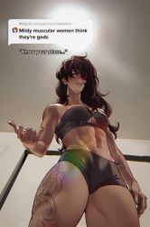 Rule 34 | 1girl, abs, arm tattoo, artist name, beidou (genshin impact), breasts, brown hair, commentary, cowboy shot, english commentary, english text, eyepatch, from below, genshin impact, highres, leanbeefpatty, leg tattoo, long hair, looking at viewer, meme, midriff, mildly muscular women think they&#039;re gods (meme), muscular, muscular female, navel, parody, photo-referenced, raiu 81, red eyes, smile, solo, speech bubble, stomach, tattoo, thighs, tiktok, toned, underwear