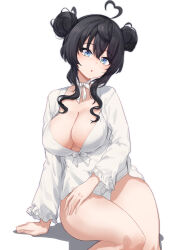 1girl :o ahoge aningay black_hair blue_eyes blush breasts cleavage double_bun feet_out_of_frame frilled_sleeves frills hair_bun head_tilt heart heart_ahoge highres large_breasts long_hair long_sleeves looking_at_viewer neck_ribbon no_pants original panties parted_lips ribbon shirt sidelocks simple_background sitting underwear white_background white_panties white_ribbon white_shirt