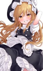Rule 34 | 1girl, absurdres, apron, arm up, black dress, blonde hair, bow, braid, buttons, dress, frilled dress, frills, hair bow, hat, hat bow, highres, juliet sleeves, kirisame marisa, komomo (ptkrx), long hair, long sleeves, puffy sleeves, short sleeves, simple background, solo, touhou, waist apron, white background, white bow, witch hat, yellow eyes