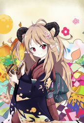 Rule 34 | 1girl, alternate costume, ayakashi onmyouroku, behemoth (ayakashi onmyouroku), blonde hair, cloud, colorful, demon girl, faech, flower, full moon, hair flower, hair ornament, highres, horns, japanese clothes, kimono, long hair, long sleeves, looking at viewer, moon, mountain, obi, petals, plant, pointy ears, red eyes, sash, smile, solo, traditional clothes, tree