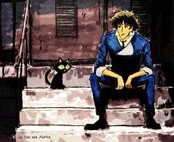 Rule 34 | animal, black cat, cat, cowboy bebop, d2071, kuroneko (trigun), sitting, sitting on stairs, spike spiegel, stairs, tagme, trigun