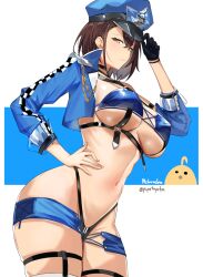 Rule 34 | 1girl, arms up, artist name, azur lane, baltimore (azur lane), baltimore (finish line flagbearer) (azur lane), bikini, black bikini, blue bikini, blue headwear, blue jacket, blue shorts, braid, breasts, brown hair, chest harness, choker, cleavage, closed mouth, commentary, covered erect nipples, cowboy shot, cropped jacket, detached sleeves, english commentary, french braid, gloves, hair between eyes, hand on own hip, harness, hat, highleg, highleg bikini, highres, jacket, large breasts, looking at viewer, manjuu (azur lane), micro shorts, mismatched bikini, navel, nebaneba, official alternate costume, peaked cap, race queen, short hair, shorts, sidelocks, single bare shoulder, single glove, single sleeve, skindentation, standing, stomach, swimsuit, thigh strap, thong, twitter username, underboob, underbust, yellow eyes