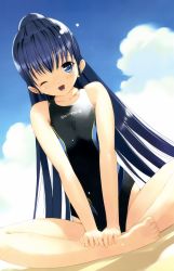 Rule 34 | 1girl, ;d, absurdres, barefoot, blue eyes, blue hair, cloud, competition swimsuit, day, highres, indian style, itsuki aoba, long hair, matching hair/eyes, one-piece swimsuit, one eye closed, open mouth, ponytail, sitting, sky, smile, solo, soshite ashita no sekai yori, swimsuit, ueda ryou, very long hair, wet, wink