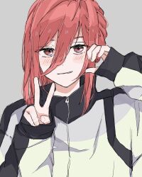 Rule 34 | 1boy, blue lock, chigiri hyoma, ehqh9d, grey background, grin, hands up, highres, jacket, long hair, long sleeves, looking at viewer, male focus, red eyes, red hair, simple background, sketch, sleeves past wrists, smile, solo, upper body, v, white jacket
