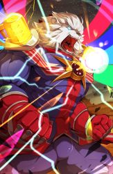 Rule 34 | 1boy, chest cannon, electricity, fate/grand order, fate (series), furry, furry male, gloves, glowing, light bulb, lion, rabbity, roaring, sky, solo, spandex, star (sky), starry sky, thomas edison (fate)