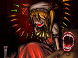 Rule 34 | 1girl, ascot, blonde hair, candle, creepy, empty eyes, fangs, female focus, flandre scarlet, hat, horror (theme), open mouth, saliva, side ponytail, smile, solo, stuffed animal, stuffed toy, teddy bear, touhou, verynezumi, wings