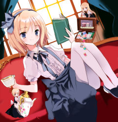 Rule 34 | 1girl, alice margatroid, alice margatroid (pc-98), bad id, bad pixiv id, blonde hair, blue eyes, blush, book, bow, box, capelet, cierra (ra-bit), couch, cup, doll, female focus, hair bow, hair ribbon, hairband, long hair, pantyhose, ra-bit, red upholstery, ribbon, scissors, shanghai doll, short hair, sitting, skirt, smile, suspenders, teacup, teapot, thread, touhou, touhou (pc-98), white pantyhose, window