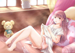 Rule 34 | 1girl, barefoot, blush, collarbone, drawing tablet, indoors, legs, long hair, looking at viewer, pillow, pink hair, redlynx, rin (shelter), shelter (song), solo, stuffed animal, stuffed toy, teddy bear, thighs, toes, window