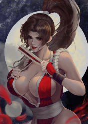 Rule 34 | 1girl, absurdres, breasts, brown hair, cleavage, fatal fury, female focus, hand fan, highres, holding, holding fan, large breasts, long hair, ponytail, red lips, revealing clothes, shiranui mai, solo