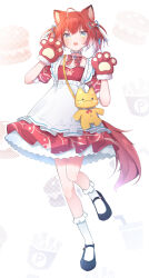 Rule 34 | 1girl, absurdres, akami karubi, animal ears, animal hands, ankle socks, apron, black footwear, blush, bow, bowtie, cat ears, cat tail, collar, dress, fang, full body, gloves, grey collar, hands up, highres, indie virtual youtuber, mary janes, name tag, open mouth, paw gloves, petticoat, red bow, red bowtie, red dress, red hair, satoh vrc, shoes, short hair, skin fang, slit pupils, small sweatdrop, socks, solo, stuffed animal, stuffed cat, stuffed toy, tail, virtual youtuber, white apron, white background, white socks, yellow eyes